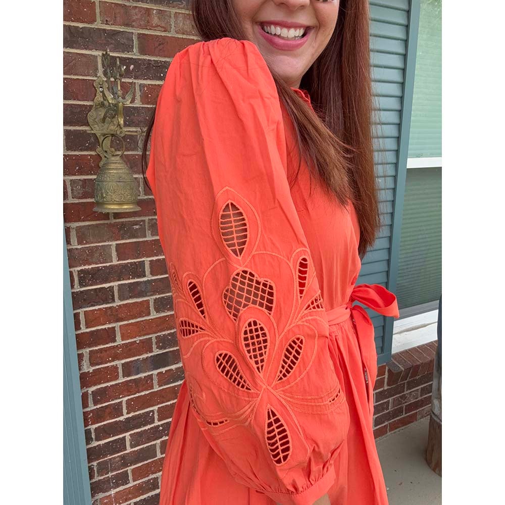 Broderie Cutout Balloon Sleeve Midi Shirt Dress | Haley Bee Boutique