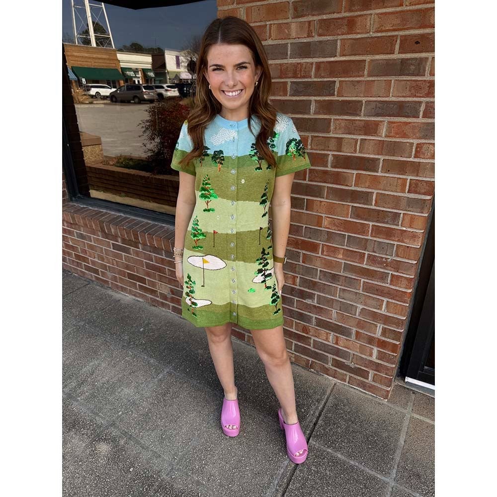 Queen of Sparkles Multi Golf Course Scene Knit Button Up Short Sleeve Dress | Haley Bee Boutique Queen of Sparkles Multi Golf Course Scene Knit Button Up Short Sleeve Dress | Haley Bee Boutique
