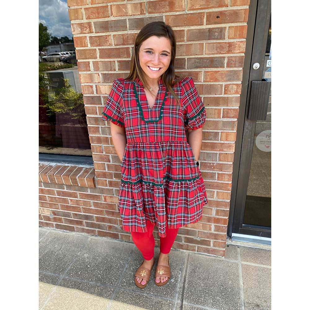 Red & black plaid overall dress top
